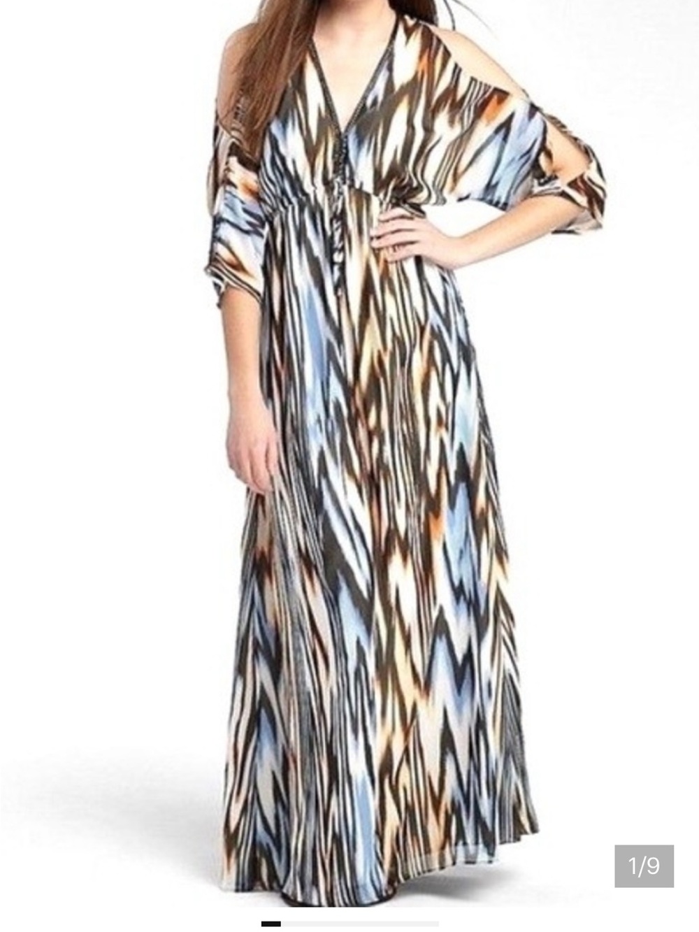 Allen B. by Allen Schwartz Blue, Tan & Black Abstract Maxi Dress